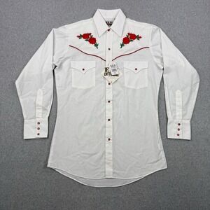 Ely Cattleman Shirt Mens Small White Pearl Snap Western Country Embroidered Rose